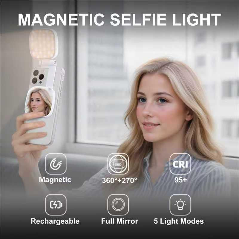 4-In-1 Magnetic Selfie Light for Phones – 360° Rotatable LED Fill Light with Mirror & Phone Stand – Portable Rechargeable for Makeup, Live Streaming, Video Calls
