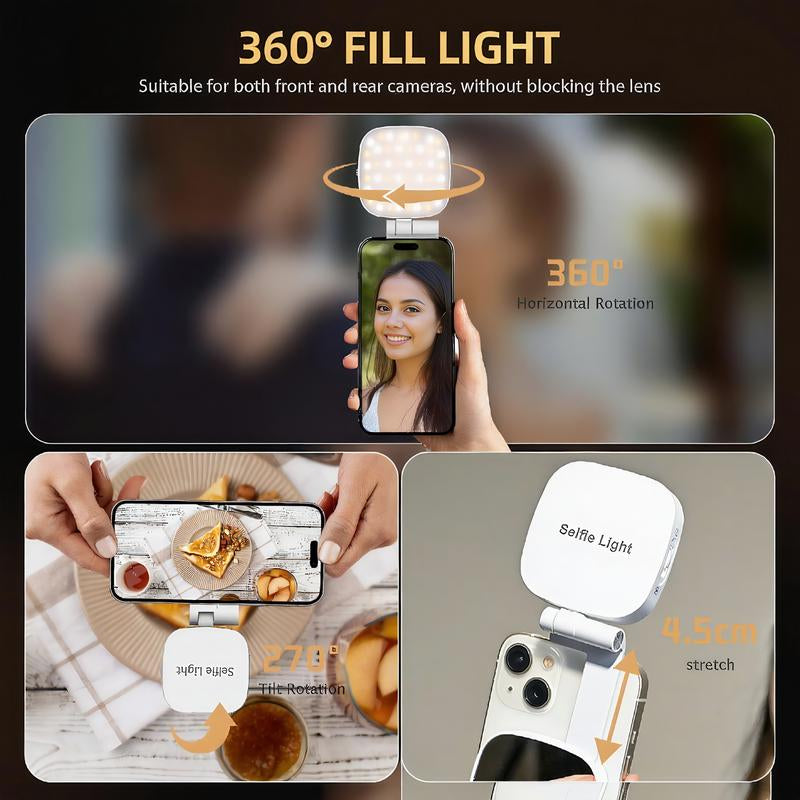4-In-1 Magnetic Selfie Light for Phones – 360° Rotatable LED Fill Light with Mirror & Phone Stand – Portable Rechargeable for Makeup, Live Streaming, Video Calls
