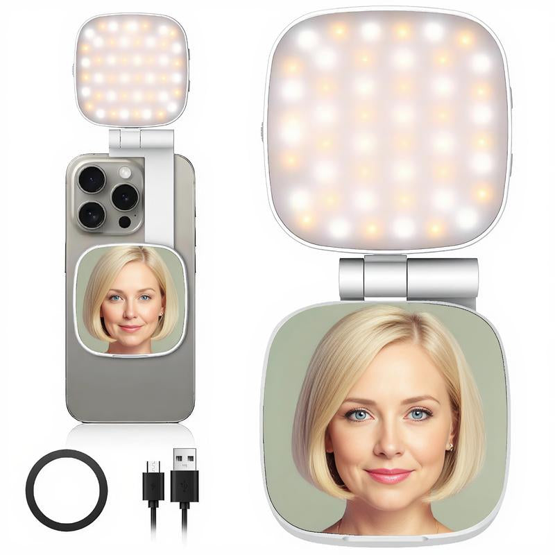 4-In-1 Magnetic Selfie Light for Phones – 360° Rotatable LED Fill Light with Mirror & Phone Stand – Portable Rechargeable for Makeup, Live Streaming, Video Calls