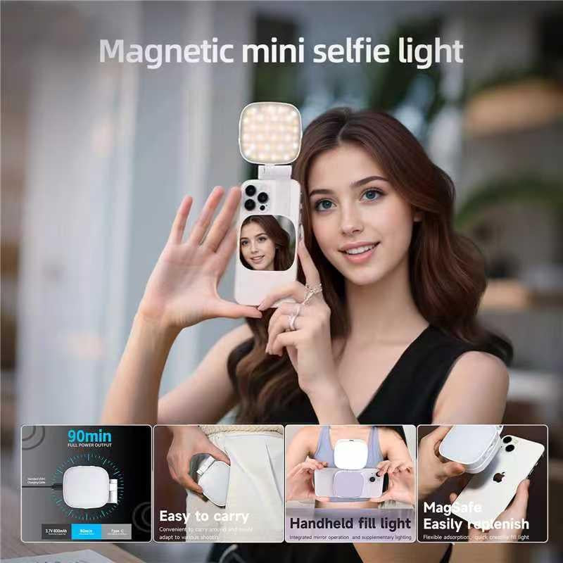 4-In-1 Magnetic Selfie Light for Phones – 360° Rotatable LED Fill Light with Mirror & Phone Stand – Portable Rechargeable for Makeup, Live Streaming, Video Calls