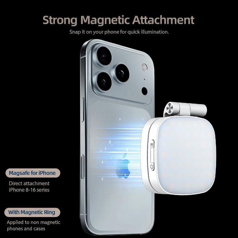 4-In-1 Magnetic Selfie Light for Phones – 360° Rotatable LED Fill Light with Mirror & Phone Stand – Portable Rechargeable for Makeup, Live Streaming, Video Calls